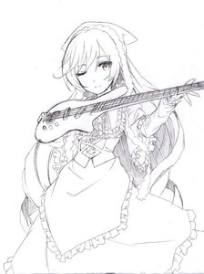 Rating: Safe Score: 0 Tags: 1girl ;) eyebrows_visible_through_hair frills greyscale guitar holding_instrument image instrument long_hair looking_at_viewer monochrome one_eye_closed smile solo suiseiseki very_long_hair User: admin