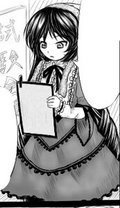 Rating: Safe Score: 0 Tags: 1girl book dress frills greyscale holding image long_hair long_sleeves monochrome solo suiseiseki User: admin