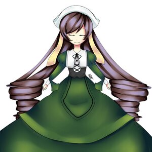 Rating: Safe Score: 0 Tags: 1girl bangs brown_hair closed_eyes closed_mouth dress drill_hair eyebrows_visible_through_hair facing_viewer green_dress hat image juliet_sleeves long_hair long_sleeves multicolored_hair puffy_sleeves ribbon smile solo suiseiseki very_long_hair User: admin