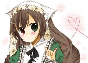 Rating: Safe Score: 0 Tags: 1girl auto_tagged blush brown_hair dress frills green_dress green_eyes heart image long_hair long_sleeves looking_at_viewer ribbon simple_background solo suiseiseki upper_body white_background User: admin
