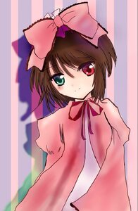 Rating: Safe Score: 0 Tags: 1girl bow brown_hair costume_switch dress green_eyes heterochromia image long_sleeves looking_at_viewer pink_bow red_eyes ribbon short_hair solo striped striped_background upper_body vertical_stripes User: admin
