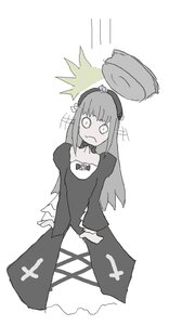 Rating: Safe Score: 0 Tags: 1girl choker dress greyscale hat image long_hair long_sleeves monochrome simple_background solo striped suigintou User: admin