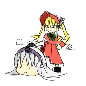 Rating: Safe Score: 0 Tags: 2girls blonde_hair bonnet bow bowtie dress image long_hair long_sleeves multiple_girls pair red_dress shinku simple_background suigintou twintails white_background wings User: admin