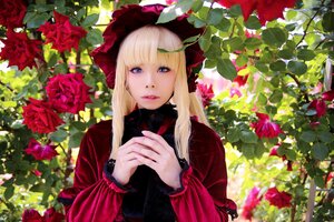 Rating: Safe Score: 0 Tags: 1girl bangs blonde_hair blue_eyes bonnet day dress flower lips long_hair long_sleeves looking_at_viewer red_dress red_flower red_rose rose shinku solo upper_body User: admin