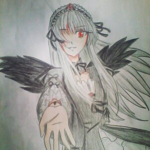 Rating: Safe Score: 0 Tags: 1girl black_ribbon black_wings detached_collar dress feathered_wings flower frilled_sleeves frills hairband image long_hair long_sleeves looking_at_viewer neck_ribbon red_eyes ribbon rose silver_hair smile solo suigintou traditional_media wings User: admin