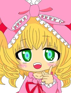 Rating: Safe Score: 0 Tags: 1girl bangs blonde_hair blush bow dress eyebrows_visible_through_hair frills green_eyes hina_ichigo hinaichigo image looking_at_viewer open_mouth pink_bow pink_shirt ribbon short_hair simple_background smile solo teeth User: admin