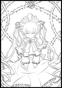 Rating: Safe Score: 0 Tags: 1girl black_border circle_cut dress flower frills greyscale image letterboxed lineart long_hair long_sleeves looking_at_viewer monochrome ribbon rose shinku solo thorns twintails very_long_hair User: admin