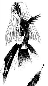 Rating: Safe Score: 0 Tags: 1girl dress greyscale hair_flower hair_ornament image long_hair long_sleeves monochrome solo standing suigintou white_background User: admin