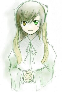 Rating: Safe Score: 0 Tags: 1girl bangs eyebrows_visible_through_hair green_eyes image long_hair long_sleeves looking_at_viewer neck_ribbon ribbon shirt simple_background smile solo suiseiseki traditional_media upper_body white_background User: admin