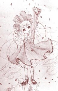 Rating: Safe Score: 0 Tags: 1girl dress flower full_body image long_hair long_sleeves looking_at_viewer monochrome petals rose_petals shinku shoes solo standing traditional_media twintails very_long_hair User: admin