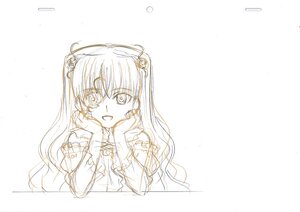 Rating: Safe Score: 0 Tags: 1girl :d bangs eyebrows_visible_through_hair hair_ornament image kirakishou long_hair long_sleeves looking_at_viewer monochrome open_mouth simple_background sketch smile solo striped traditional_media upper_body User: admin