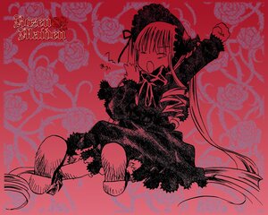 Rating: Safe Score: 0 Tags: 1girl bonnet boots closed_eyes dress drill_hair flower image long_hair long_sleeves monochrome open_mouth rose shinku sitting solo suigintou twintails very_long_hair wings User: admin