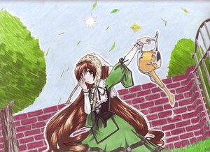 Rating: Safe Score: 0 Tags: 1girl brown_hair day dress frills grass green_dress green_eyes image leaf long_hair long_sleeves outdoors ribbon solo suiseiseki very_long_hair watering_can User: admin