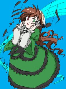 Rating: Safe Score: 0 Tags: 1girl brown_hair dress frills green_dress green_eyes hands_on_own_face heterochromia image long_hair long_sleeves looking_at_viewer musical_note red_eyes solo suiseiseki very_long_hair User: admin