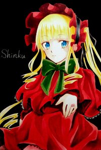 Rating: Safe Score: 0 Tags: 1girl black_background blonde_hair blue_eyes bow bowtie cowboy_shot dress green_bow green_neckwear image long_hair long_sleeves looking_at_viewer red_capelet shinku simple_background solo User: admin