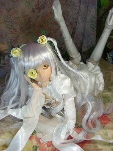 Rating: Safe Score: 0 Tags: 1girl doll dress eyepatch flower hair_flower hair_ornament kirakishou long_hair lying rose solo traditional_media very_long_hair white_rose yellow_eyes User: admin