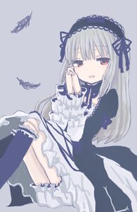Rating: Safe Score: 0 Tags: 1girl bangs bloomers dress frills hairband image juliet_sleeves kneehighs long_hair long_sleeves looking_at_viewer open_mouth red_eyes sitting solo suigintou underwear User: admin
