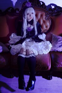 Rating: Safe Score: 0 Tags: 1girl armchair boots chair dress frills gothic_lolita lips lolita_fashion long_hair silver_hair sitting solo suigintou thighhighs User: admin