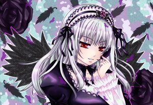 Rating: Safe Score: 0 Tags: 1girl black_feathers black_flower black_rose black_wings commentary_request dress feathered_wings feathers flower frills hairband image long_hair long_sleeves looking_at_viewer purple_flower purple_rose red_eyes rose rozen_maiden sasagami_rikka silver_hair solo suigintou wings User: admin