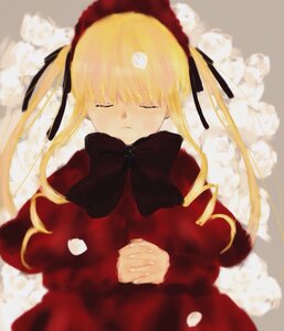 Rating: Safe Score: 0 Tags: 1girl blonde_hair blurry blurry_foreground bow bowtie closed_eyes depth_of_field dress flower hands_clasped image long_hair long_sleeves own_hands_together petals red_dress ribbon shinku sleeping solo twintails very_long_hair User: admin
