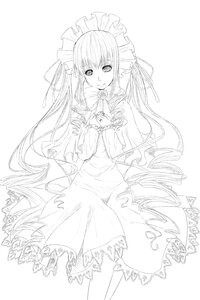 Rating: Safe Score: 0 Tags: 1girl dress drill_hair flower frills greyscale image long_hair long_sleeves looking_at_viewer monochrome ribbon rose shinku simple_background smile solo striped very_long_hair white_background User: admin