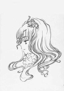 Rating: Safe Score: 0 Tags: 1girl bangs closed_mouth flower from_side greyscale hair_flower hair_ornament image kirakishou long_hair monochrome portrait profile smile solo striped traditional_media vertical_stripes User: admin