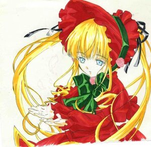 Rating: Safe Score: 0 Tags: 1girl auto_tagged blonde_hair blue_eyes bonnet bow bowtie dress flower green_bow green_neckwear image long_hair long_sleeves looking_at_viewer marker_(medium) rose shinku sidelocks simple_background solo twintails upper_body User: admin