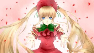 Rating: Safe Score: 0 Tags: 1girl blonde_hair blue_eyes bonnet bow bowtie dress flower green_bow image long_hair long_sleeves looking_at_viewer outstretched_hand petals red_dress rose_petals shinku solo twintails very_long_hair User: admin