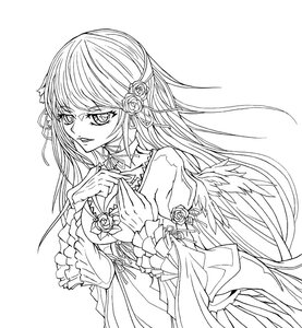 Rating: Safe Score: 0 Tags: 1girl dress flower frills greyscale hair_ornament image lineart long_hair long_sleeves looking_at_viewer monochrome ribbon rose simple_background solo striped suigintou User: admin
