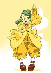 Rating: Safe Score: 0 Tags: 1girl bow full_body green_eyes green_hair image kanaria long_sleeves open_mouth puffy_pants short_hair smile solo yellow_bow User: admin