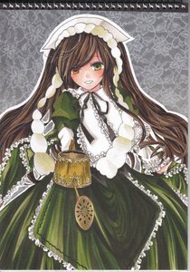 Rating: Safe Score: 0 Tags: 1girl absurdres bad_id bad_pixiv_id brown_hair dress frills green_dress green_eyes hat head_scarf heterochromia highres image iris_(riba) long_hair looking_at_viewer marker_(medium) rozen_maiden smile solo suiseiseki traditional_media very_long_hair watering_can User: admin