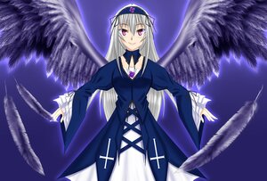 Rating: Safe Score: 0 Tags: 1girl cross dress feathers grin hat image long_hair long_sleeves looking_at_viewer outstretched_arms purple_eyes silver_hair smile solo suigintou tree wings User: admin