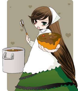 Rating: Safe Score: 0 Tags: 1girl apron brown_hair dress food food_on_face frills green_eyes head_scarf heart heterochromia image long_hair red_eyes solo suiseiseki User: admin