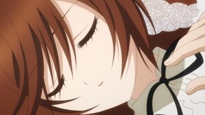 Rating: Safe Score: 0 Tags: 1girl blush brown_hair close-up closed_eyes face image open_mouth out_of_frame pov ribbon simple_background smile solo solo_focus suiseiseki User: admin