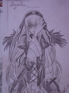 Rating: Safe Score: 0 Tags: 1girl dress frills hairband image long_hair long_sleeves looking_at_viewer monochrome signature smile solo suigintou traditional_media very_long_hair wings User: admin