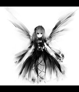 Rating: Safe Score: 0 Tags: 1girl black_border black_dress closed_mouth dress flower greyscale hairband image letterboxed long_hair long_sleeves looking_at_viewer monochrome rose solo suigintou very_long_hair white_background wings User: admin