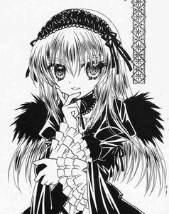 Rating: Safe Score: 0 Tags: 1girl dress frilled_sleeves frills greyscale hairband image index_finger_raised long_hair long_sleeves looking_at_viewer monochrome ribbon smile solo suigintou traditional_media upper_body wide_sleeves User: admin