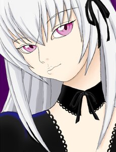 Rating: Safe Score: 0 Tags: 1girl black_ribbon choker close-up closed_mouth collarbone detached_collar face hair_ribbon image lolita_hairband looking_at_viewer portrait purple_eyes ribbon ribbon_choker silver_hair simple_background solo suigintou User: admin