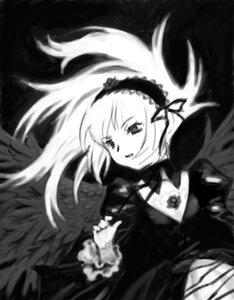 Rating: Safe Score: 0 Tags: 1girl angel angel_wings black_wings dress feathered_wings feathers floating_hair frills greyscale hairband image lolita_hairband long_hair long_sleeves monochrome rose smile solo suigintou upper_body very_long_hair wings User: admin
