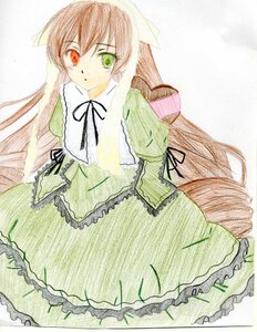 Rating: Safe Score: 0 Tags: 1girl black_ribbon brown_hair dress frills green_dress green_eyes hat head_scarf heterochromia image long_hair long_sleeves looking_at_viewer red_eyes ribbon solo suiseiseki traditional_media very_long_hair User: admin