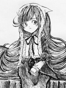 Rating: Safe Score: 0 Tags: 1girl blush closed_mouth frills greyscale image long_hair long_sleeves looking_at_viewer monochrome neck_ribbon ribbon skirt solo suiseiseki traditional_media very_long_hair User: admin