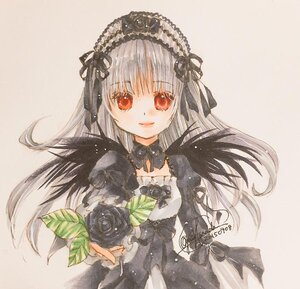 Rating: Safe Score: 0 Tags: 1girl bangs black_dress black_ribbon closed_mouth dress flower image long_hair long_sleeves looking_at_viewer red_eyes ribbon rose silver_hair simple_background smile solo suigintou traditional_media upper_body User: admin