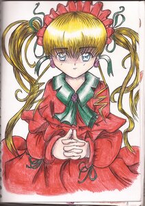 Rating: Safe Score: 0 Tags: 1girl bangs blonde_hair blue_eyes bonnet dress earrings flower hands_clasped image interlocked_fingers jewelry long_hair long_sleeves looking_at_viewer marker_(medium) own_hands_together photo red_dress ribbon shikishi shinku simple_background solo traditional_media twintails white_background User: admin