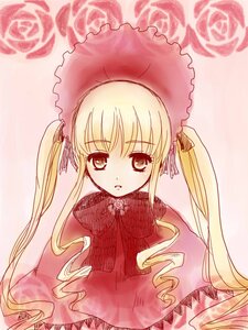 Rating: Safe Score: 0 Tags: 1girl blonde_hair bonnet bow dress drill_hair flower image long_hair long_sleeves looking_at_viewer pink_background pink_flower pink_rose rose shinku solo twintails upper_body User: admin