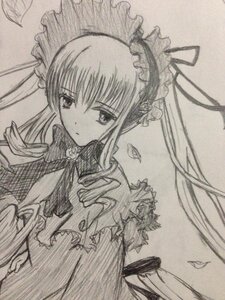 Rating: Safe Score: 0 Tags: 1girl dress greyscale hairband image long_hair long_sleeves looking_at_viewer monochrome ribbon shinku solo traditional_media twintails upper_body User: admin