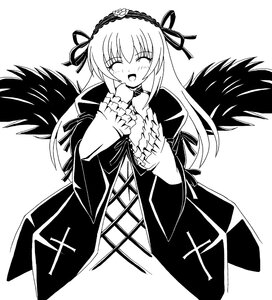 Rating: Safe Score: 3 Tags: 1girl :d black_wings blush closed_eyes dress frills greyscale hairband image long_hair long_sleeves monochrome open_mouth ribbon smile solo suigintou very_long_hair wings User: admin