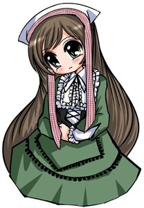 Rating: Safe Score: 0 Tags: 1girl blush brown_hair dress frills green_dress green_eyes hat head_scarf image long_hair long_sleeves looking_at_viewer simple_background solo suiseiseki very_long_hair white_background User: admin