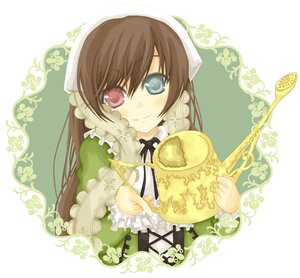 Rating: Safe Score: 0 Tags: 1girl brown_hair dress frills green_dress head_scarf heterochromia holding image long_hair long_sleeves looking_at_viewer red_eyes smile solo suiseiseki upper_body very_long_hair watering_can User: admin