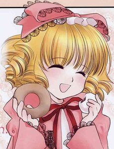 Rating: Safe Score: 0 Tags: 1girl bangs blonde_hair blush closed_eyes eyebrows_visible_through_hair food hat hina_ichigo hinaichigo holding holding_food image long_sleeves open_mouth ribbon short_hair smile solo upper_body User: admin