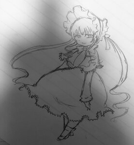 Rating: Safe Score: 0 Tags: 1girl bonnet dress frills full_body greyscale image long_hair long_sleeves looking_at_viewer monochrome shinku solo standing very_long_hair User: admin